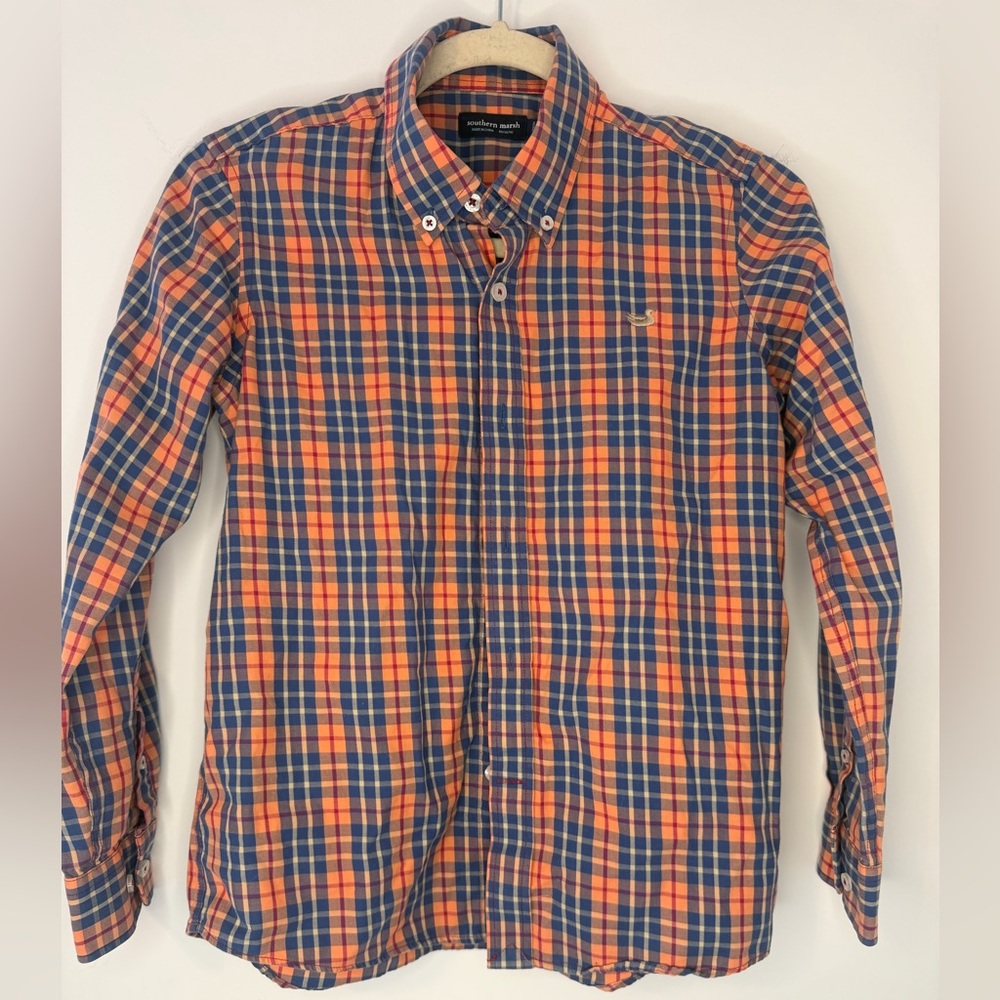 Southern Marsh Boys Casual Plaid Shirt in Orange and Blue